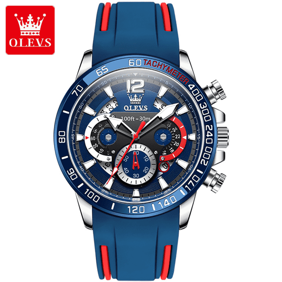 OLEVS Men Watches Waterproof Luminous Multi-function Sport Blue Quartz Wristwatch Silicone Strap Gift Box