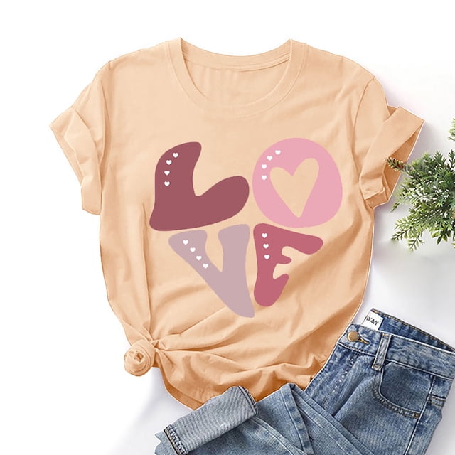Styesk T-Shirts pour Femmes Saint-Valentin Graphique Décontracté Grande Taille Hauts Imprimé Cœur Hauts de Sortie Confortables Doux Col Rond T-Shirts Chandail Mode Léger Manches Courtes T-shirt