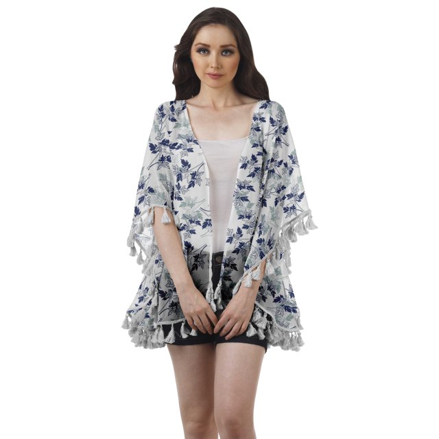 Moomaya Open Front Printed Shrug Printed Kimono Sleeve Beach Cover Up For Women