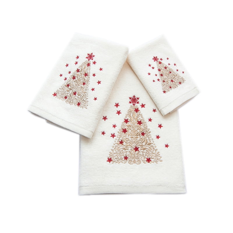 Marina Decoration Xmas Premium Luxury Decor Ultra Soft 100% Cotton Embroidered Bathroom Modern Christmas 3 Piece Towel Set, Gold Red Ivory Color Gold Christmas Tree Pattern