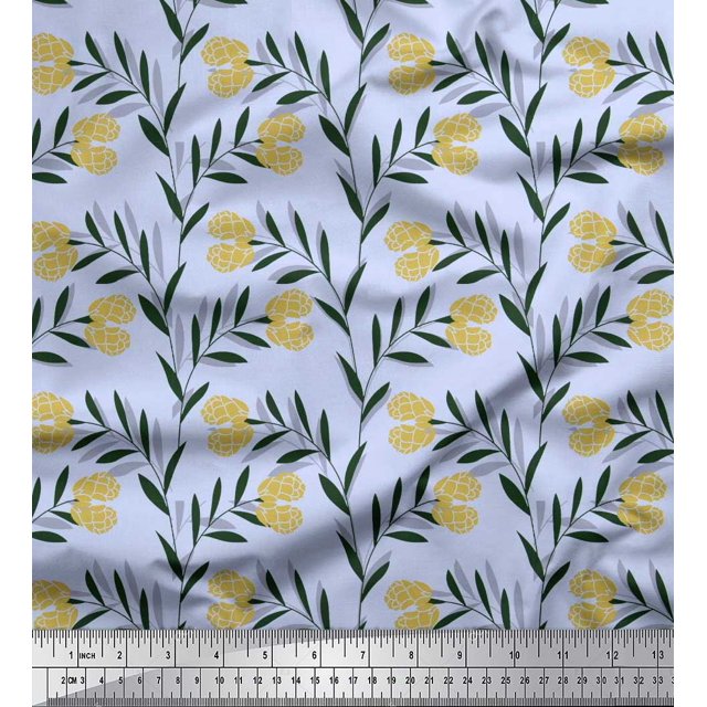 Soimoi Blue Modal Satin Fabric Leaves & Clover Flower Hand Drawn Print Sewing Fabric Yard 42 Inch Wide
