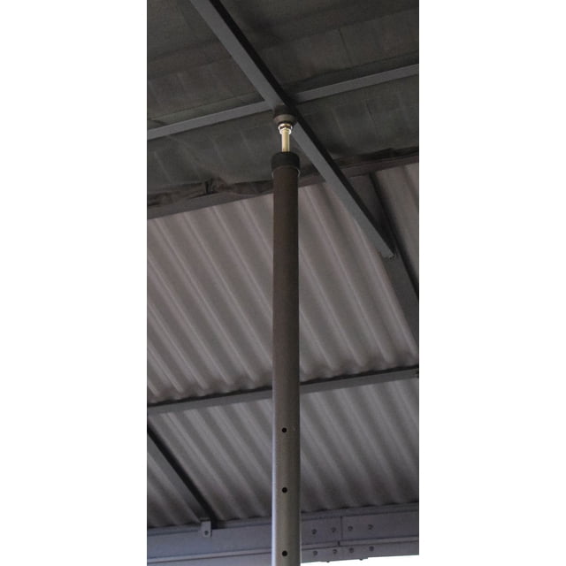 F.Corriveau Poteau d'Hiver International avec Réglage de Hauteur à Vis Rotative en Acier de 199 à 300 cm, Montré Verticalement Fixé à un Plafond de Cadre de gazebo en Métal, Doté d'Un Corps Cylindrique Brun Foncé avec Plusieurs Trous de Réglage pour un Soutien Structurel Hivernal Accru.