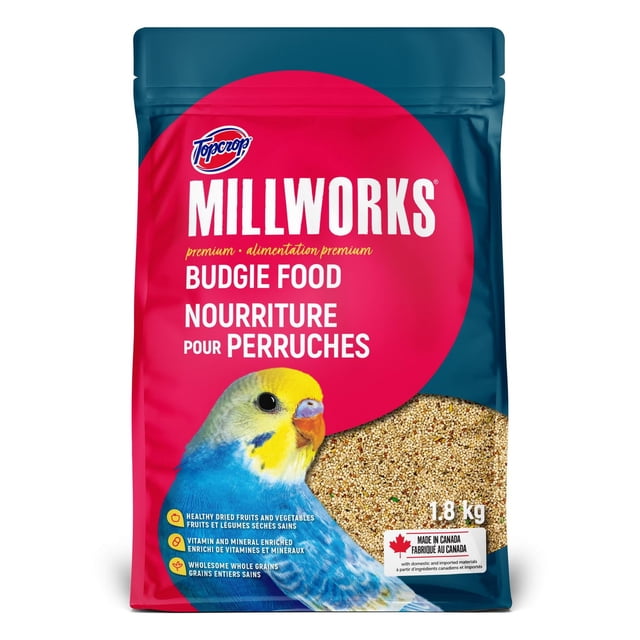 Millworks® Budgie food 1.8 kg resealable bag featuring a blue and yellow budgie illustration, containing a vitamin and mineral enriched blend of wholesome whole grains, dried fruits, and vegetables, made in Canada for indoor birds.