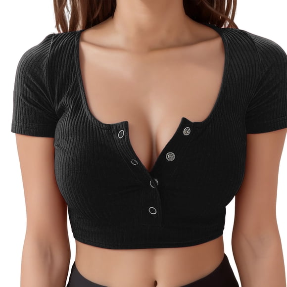 Fgnfyis Womens Button Short Sexy Crop Round Top Tank Sexy Neck Blouse Slim Sleeve Top T Shirt Women's Blouse Womens Tops Casual Black S