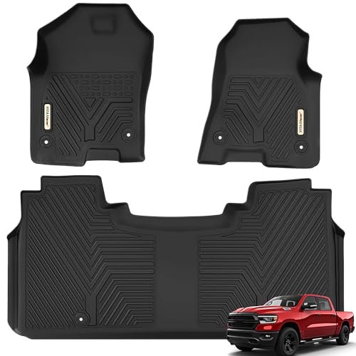 YITAMOTOR Floor Mats Compatible with 2019-2024 Dodge Ram 1500 Crew Cab New Body with Rear Under Seat Storage Box, TPE All-Weather Front 1st & 2nd Row, Black