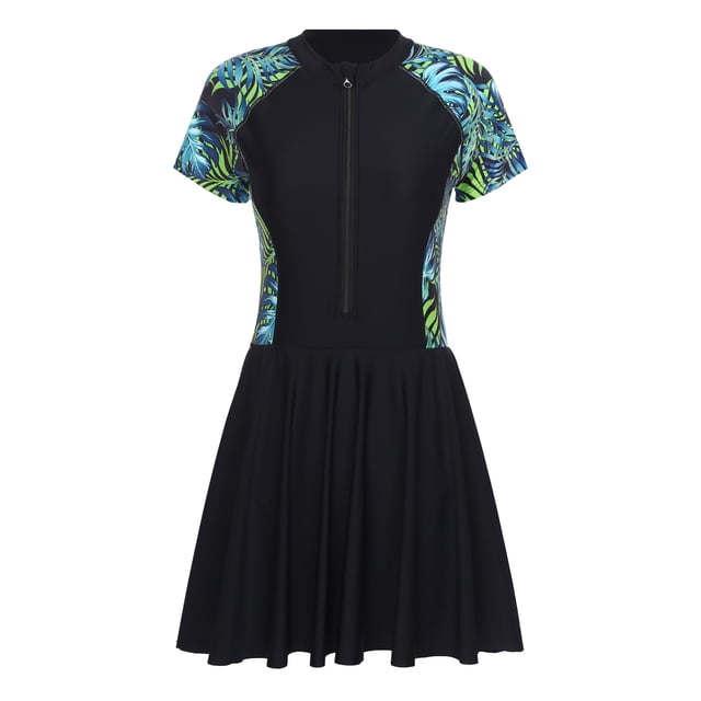 iiniim Maillot de Bain une Pièce pour Femme Grande Taille, Manches Courtes, Maillot Dermoprotecteur, Robe de Natation, Maillot de Plage Modeste, Noir Vert 3TG