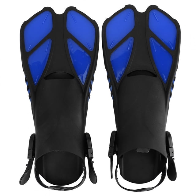 Diving flippers, swim fins durable non-slip designed stable for swimming, shown in a front-facing view. The flippers feature a black base with blue accents on the blade, made from TPR and PP materials for durability and comfort. They include a streamlined design for stability and power, a unique water outlet for faster speed, and a non-slip surface to prevent slipping on wet surfaces. Suitable for swimming, diving, and other water sports. Approximate size is 18 x 41 cm (7.1 x 16.1 in), fitting American sizes 9-13 and European sizes 42-45.