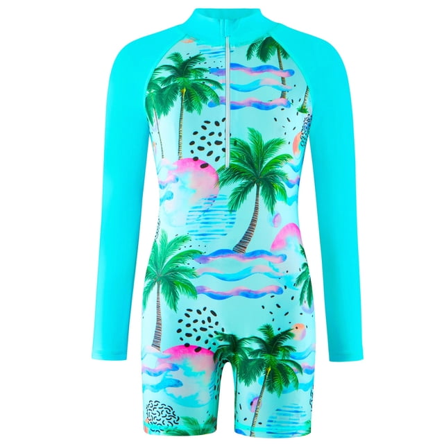 Girl Rash Guard Swimsuit Ruffle Floral Pattern Long Sleeve Sun Protection Beach Swimsuit Bikini for ages 4-5 years. The swimsuit features a vibrant tropical design with palm trees and abstract patterns on a turquoise background. It has long sleeves for added sun protection and a front zipper for easy wear. Made from lightweight, breathable, and quick-drying fabric, this swimsuit is ideal for beach outings, swimming, surfing, and other water activities.