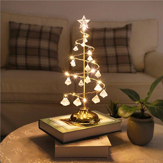 Small Prelit Christmas Tree Crystal Decoration Mini Christmas Tree Slim Christmas Tree with LED Lights for Tabletop Ornament