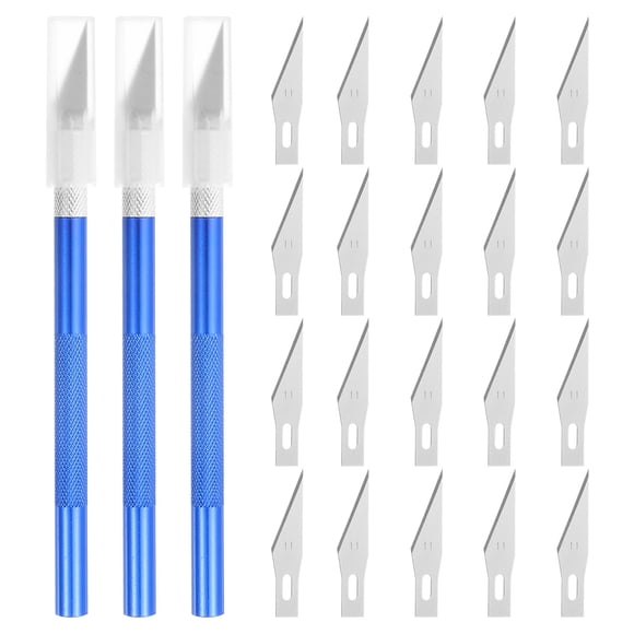 Uxcell 3pcs Exacto Art Craft Hobby Precision Utility Knife Set with 20pcs Extra #11 Blades for Carving Crafting Stencil Blue