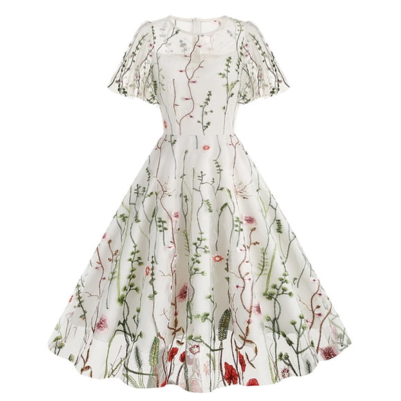 Meichang Womens Mesh A Line Dress Flared Swing Retro Floral Midi Dresses Tunic Fashion Short Sleeve Crewneck Sundress Flare Church Wedding Guest Work Dress