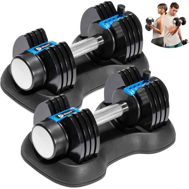 LifePro Ensemble d'Haltères Réglables 5-en-1 – 25 lb Chacun, Haltères à Réglage Rapide avec Support pour Gym à Domicile et Entraînement de Force - Noir