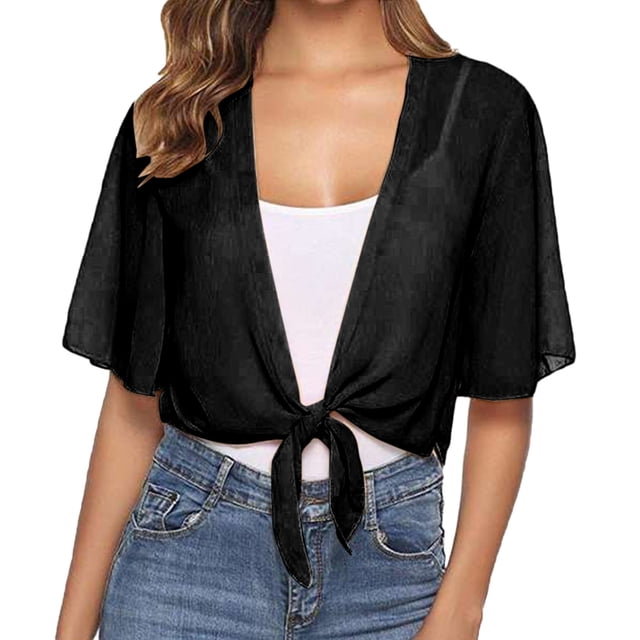2025 Femmes Cardigan à Franges en Mousseline à Nouer devant Manches Courtes Court Transparent Chandails d'Automne pour Femmes Boléro de Travail