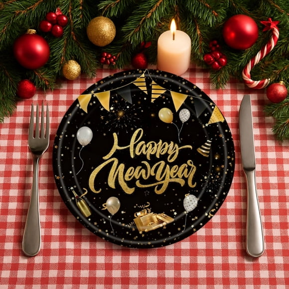 CaiYueKe 20 Pcs Assiettes et Serviettes Jetables du Nouvel An, Bonne Année Vaisselle Jetable Nappes Assiettes pour Décorations de Fête du Réveillon du Nouvel An Fournitures