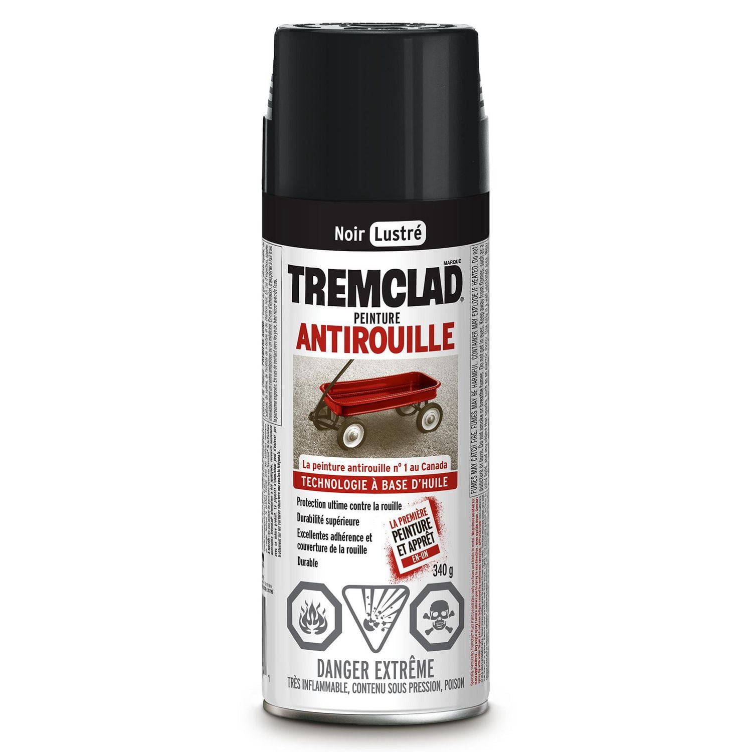 Peinture en spray de protection antirouille TREMCLAD pour intérieur/extérieur à base d'huile, noir brillant, 340g