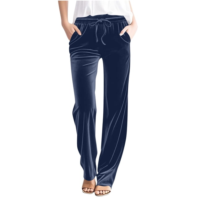 Plebaso Womens Velvet Pants Elastic Waist Drawstring Lounge Pants Straight Leg Trousers with Pockets
