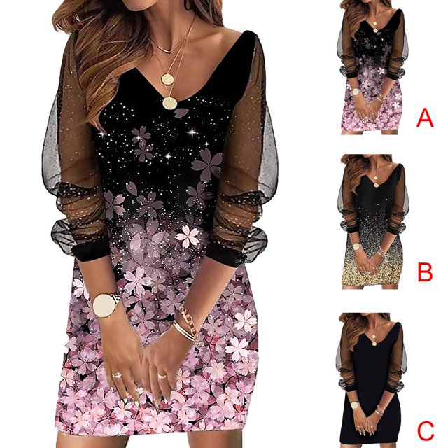 Baohd Robe Courte Imprimée pour Femmes Manches Longues Banquets Banquet Été Plage Vacances Accessoires de Fête Élégants Rose L