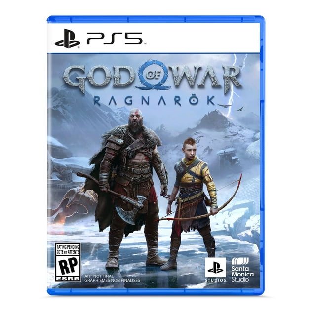 God of War Ragnarök - PlayStation 5 game cover featuring Kratos in fur-lined armor holding an axe and Atreus with a bow, standing on icy terrain with snowy mountains and lightning in the background, including PlayStation and Santa Monica Studio logos.