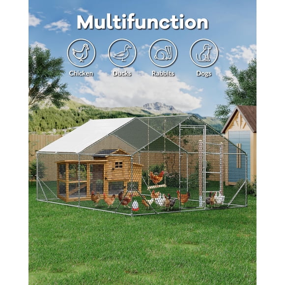 Heavy Duty Walk-In Metal Chicken Coop & Dog Kennel, Large Outdoor Poultry & Pet Enclosure with Secure Yard, Waterproof Anti-UV Cover – 6.6×6.6 ft / 6.6×13.1 ft / 6.6×19.7 ft