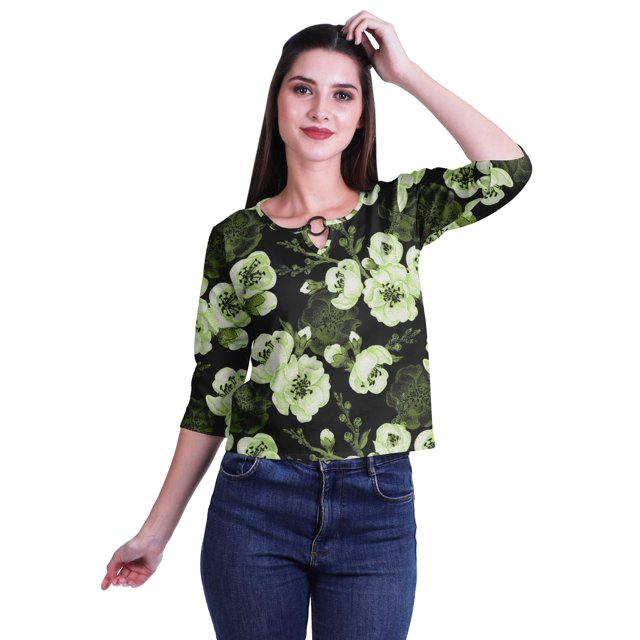 Moomaya Printed Keyhole Neck Ring Top Casual 3/4th Sleeve Tees Tank Tunic Top