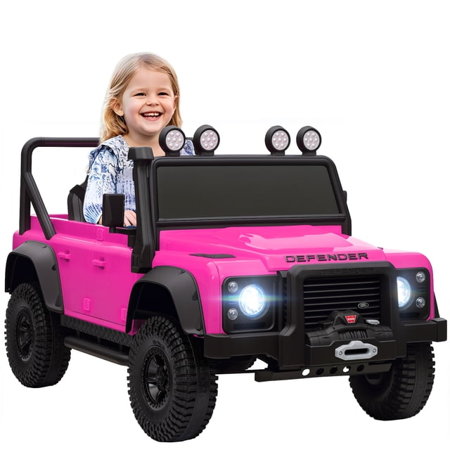 Qaba Land Rover Licensed Kids Ride on RC Car, 12V Toddler Ride on Toy Jeep Truck in pink. This powered ride-on features a realistic Land Rover Defender 110 SVX design with double doors, LED headlights, and a multimedia center with USB and MP3 support. It includes a 2.4G remote control for parental guidance, smooth start-stop technology, and four-wheel suspension for a safe and steady ride. Suitable for children aged 37-60 months, with a weight capacity of 66 lbs. Dimensions: 45.3 inches long, 24 inches wide, and 24 inches high.