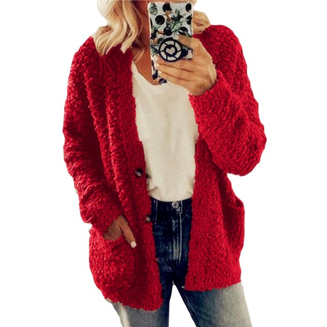 MAWCLOS Manteau Femme Hiver Chaud Veste Cardigan Extérieur Ample Fête Manches Longues Rouge TG
