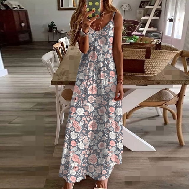 LSLJS Robes d'Été pour Femmes à Imprimé Sans Manches à Col Rond Robe Décontractée, Robe d'Été Robes de Plage d'Été