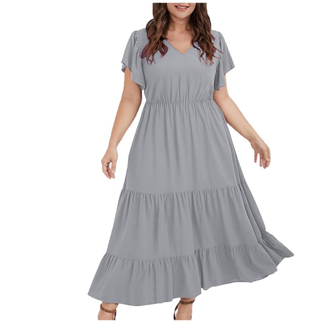 Bigersell Robes de Princesse pour Filles Été Femme Col en V Manches Courtes Midi Robe Soleil Robe Style D-55 Robe Babydoll Dames Grande Taille Robes d'Été, Gris 5TG