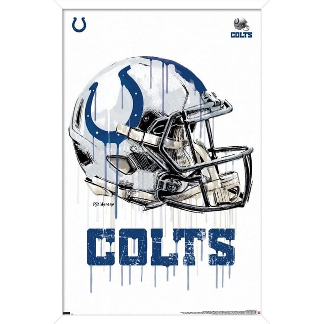 NFL Indianapolis Colts - Affiche Murale « Drip Helmet 20 », 22,375 Po x 34 Po Présentant une Vue avant Centrée d'Un Casque de football Blanc avec un logo de Fer à Cheval Bleu Qui Goutte et un Masque Facial Noir, avec le Texte Bleu « Colts » Usé en Dessous sur Fond Blanc, Convient à des Oeuvres Murales à Thème Sportif.