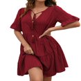 thumbnail image 1 of Women Short Sleeve Loose Dress with A-line Version  Simple Style Solid Color V-neck Summer Clothing, 1 of 6