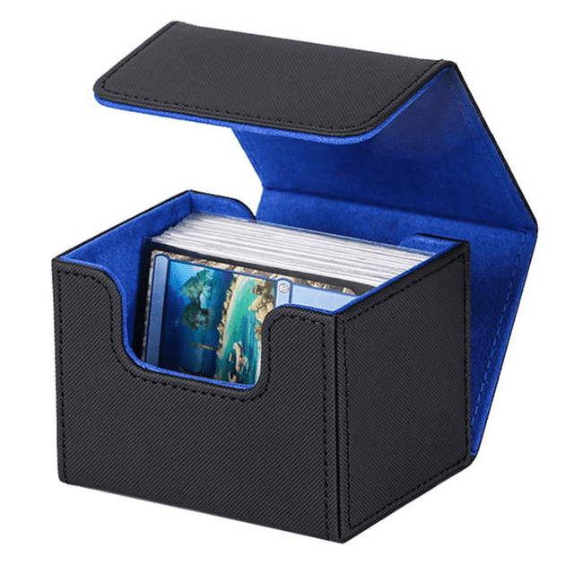 100+ Trading Card Deck Box Gathering Card Toy with Magnetic Closure in black and blue. The box is made of PU material, featuring a durable and waterproof design. It measures 10.4cm x 8.3cm x 7.8cm (4.10in x 3.27in x 3.07in) and can hold over 100 game cards. The interior is lined with blue material, and the magnetic closure ensures secure storage. Suitable for collectible card games, sports cards, and trading cards. Cards and dice are not included.