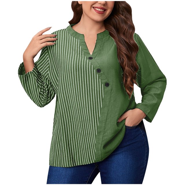 Pompotops Women's Large Size Long Sleeve Round Neck Button Fallow Loose T-shirt Clearance