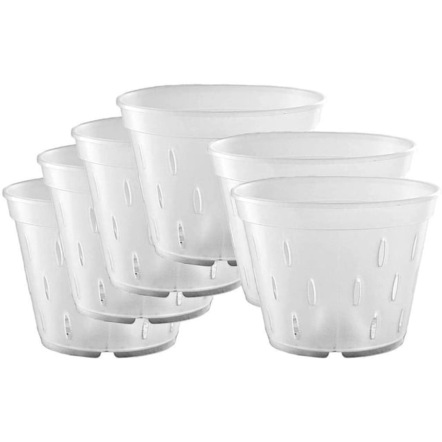 Orchid Pots with Holes, Clear Orchid Pots Plastic Planter Clear Flower Pot Indoor 7 Inch 10 Pack. A set of ten clear plastic orchid pots, each measuring 7.09 inches at the top, 4.72 inches at the bottom, and 5.31 inches in height. Designed for orchids, these pots feature multiple drainage holes at the bottom and slits on the sides for optimal air circulation and water drainage. Ideal for garden planters or indoor pots, the sturdy plastic construction includes a raised center for excess water drainage.