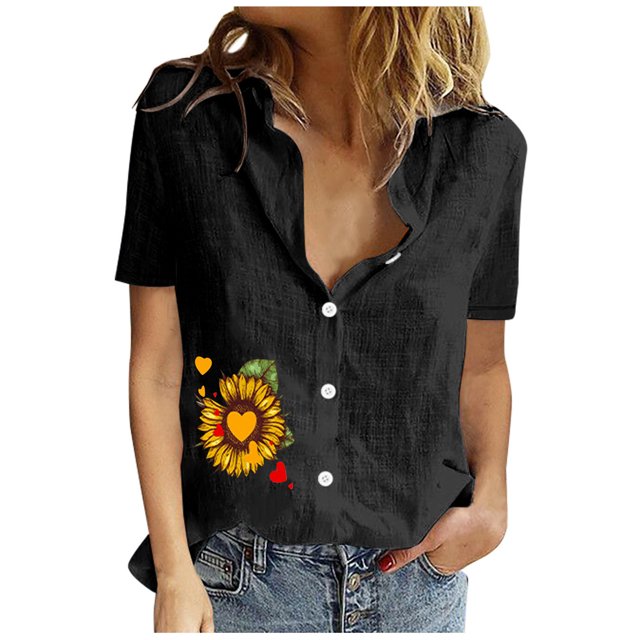 EQWLJWE Chemises pour Femmes Liquidation Femmes Manches Courtes Décontracté Femmes Imprimé Manches Courtes Ample Bouton Col Rabattu Chemise Blouse Unie Hauts