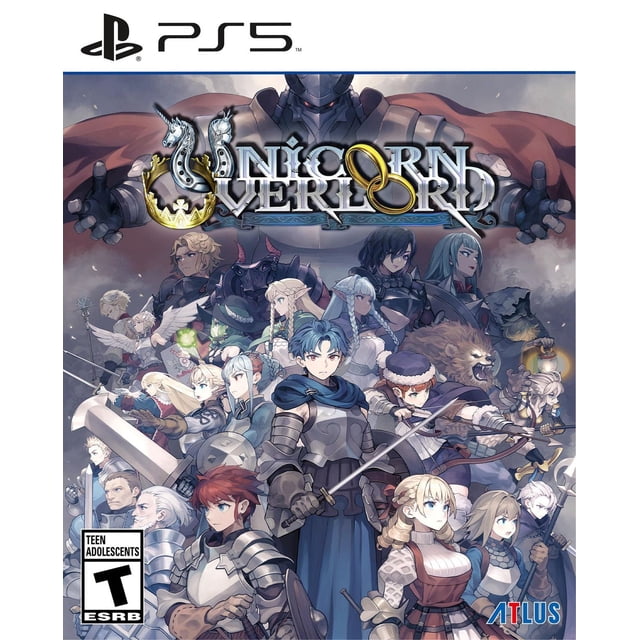 Unicorn Overlord PlayStation 5 Couverture de Jeu Mettant en Vedette un Grand Overlord Blindé avec une cape Rouge Se Tenant derrière un Groupe Diversifié de Personnages Fantastiques Incluant des Chevaliers, des Elfes, des archers et des Êtres Magiques en Armures Détaillées et des Vêtements, Tenant des Épées, des Arcs et des Bâtonnets, avec le logo Orné du Jeu au-Dessus et la Cote Ado ESRB et le logo Atlus aux Coins Inférieurs, Représentant un JDR Tactique Fantastique.