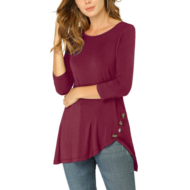INSPIRE CHIC Tunique Décontractée pour Femme à Encolure Ronde, Manches 3/4, Ourlet Asymétrique
