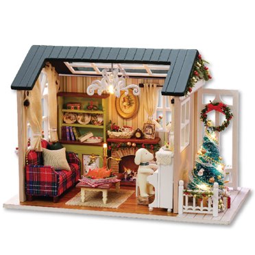 DIY Christmas Miniature Dollhouse Kit Realistic Mini 3D Wooden House Room Craft with Furniture LED Lights Children's Day Birthday Gift Christmas Decoration