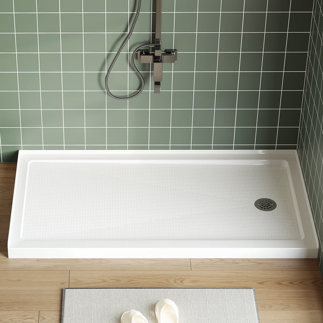 60"x32" Shower Pan with Right Drain – Anti-Slip Acrylic/PVC Shower Base, Easy Install with ABS Drain Kit & Steel Cap, White