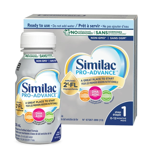 Similac Pro-Advance Étape 1 Préparation pour Nourrissons Prête à Servir Bouteille et Boîte de 235 ml, non-OGM et Sans hormones de Croissance Artificielles, Contenant un oligosaccharide 2 Pieds-Fl pour le Soutien Immunitaire, plus DHA, Lutéine et Vitamine E pour le Développement du Cerveau et des Yeux, pour Nourrissons 0-12 Mois.