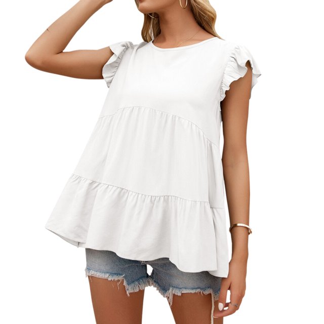 QualitChoice Dentelle Manches Courtes Tops Été Col Rond en Vrac Casual T-shirt Blanc S
