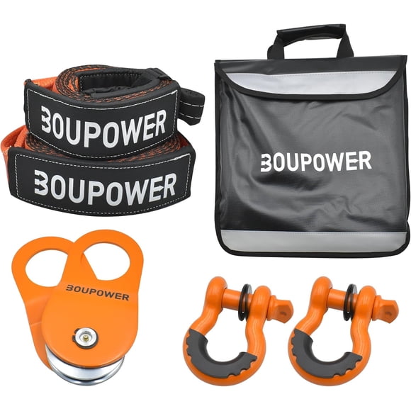 Trousse de Récupération Tout-Terrain avec Bloc d'Arrachement de 10 Tonnes, Sangle de Remorquage, Sangle de Protection d'Arbre et Manilles à Anneau en D pour VTT, UTV, VUS, Camion