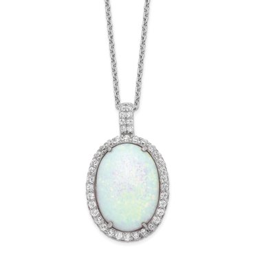 Cheryl M SS Rhod Plated Created Opal & CZ Oval Pendant 18in Necklace (Weight: 4.57 Grams, Length: 18 Inches)