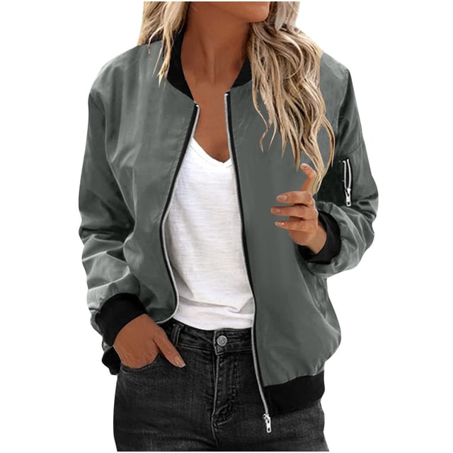 Womens Fashion Jacket Casual Stand Collar Zip Up Lightweight Coat Fall Color Block Jackets with Pockets Gray L