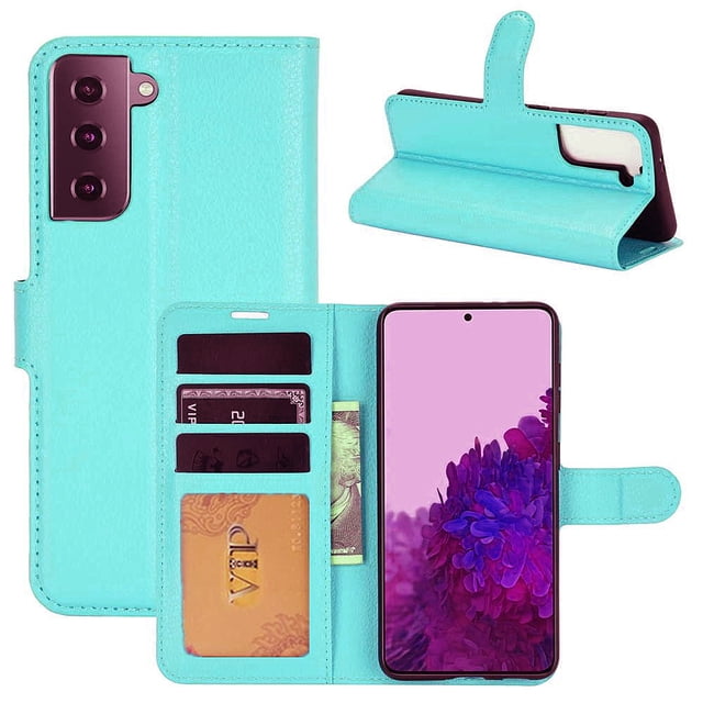 Samsung Galaxy S24 FE Wallet Case, Leather Magnetic Card Slot Wallet Folio Flip Case Cover in a vibrant turquoise color. The case features multiple credit card slots, a pocket for bills, and a magnetic clasp for secure closure. It is made of premium soft synthetic leather with a TPU inner case for shock absorption. The design allows the case to double as a media stand. Shown open with cards, cash, and a phone inside, as well as in a folded position.