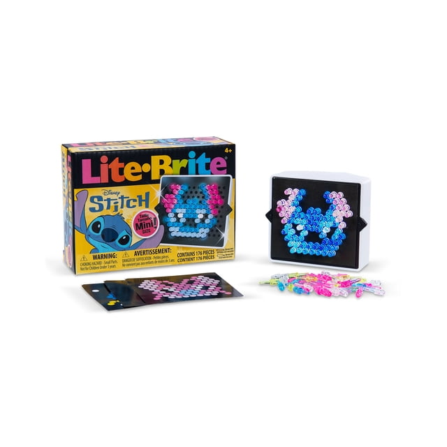 Lite-Brite Stitch Mini Trousse d'Arts et d'Artisanat avec un Panneau Perforé Lumineux compact Affichant un design de Visage Stitch Bleu et Rose Fabriqué à Partir de 170 Mini-Piquets Minces, Présentés à Côté de la Boîte de Produit, Deux Gabarits de design, et des Piquets extra Translucides pour Jeu Créatif et Présentation.