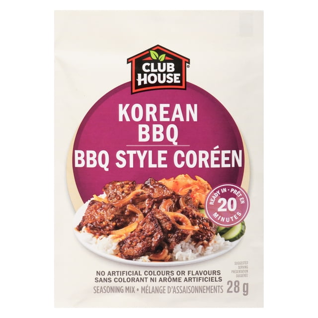 Club House Mélange d'Assaisonnement pour BBQ Coréen 28 g Sachet Mettant en Vedette du Bœuf BBQ de Style Coréen avec des Oignons Servis sur du Riz Blanc et du kimchi, Sans Colorants Ni Arômes Artificiels et Prêt en 20 minutes pour des Repas de Style Coréen Faciles.