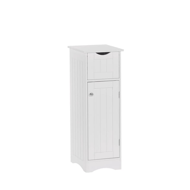 RiverRidge® Maison Ashland Armoire Mince avec Tiroir - Blanc, une Armoire de Salle de Bain Mince de 32 Po de Hauteur en MDF Peint, avec un Tiroir Supérieur Coulissant Sans Poignée et une Porte avec Style Panneau Perlé Encastré et un Bouton Miroir, avec des Tablettes Ajustables et Fixes à l'Intérieur pour Ranger les Articles de Toilette et les Essentiels de Salle de Bain, Convient aux Petits Espaces et à l'Ancrage Mural pour la Stabilité.