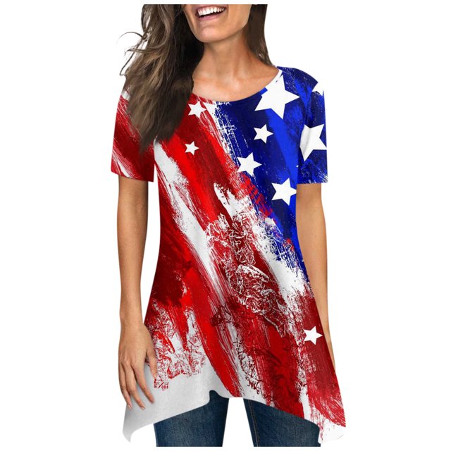Hauts d'Été pour Femmes 2023 Coupe Ample Col Rond Manches Courtes T-Shirts T-Shirts Graphiques Étoiles et Rayures Blouses Décontractées et Confortables