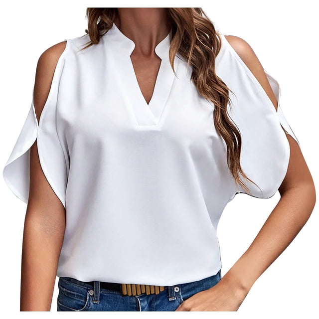 FAIWAD Summer Tops for Women Off The Shoulder V Neck Shirts Solid Color Going Out Blouses