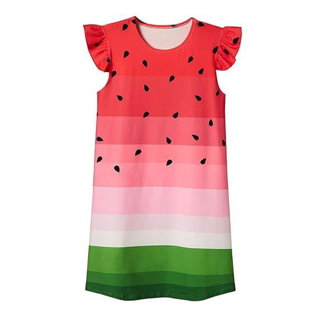 MIASHUI Chemises de Nuit pour Tout-Petites Filles Pyjamas pour Enfants Robe de Princesse Chemise de Nuit Vêtements de Nuit, Rouge Melon D\'eau, 7-8 Ans